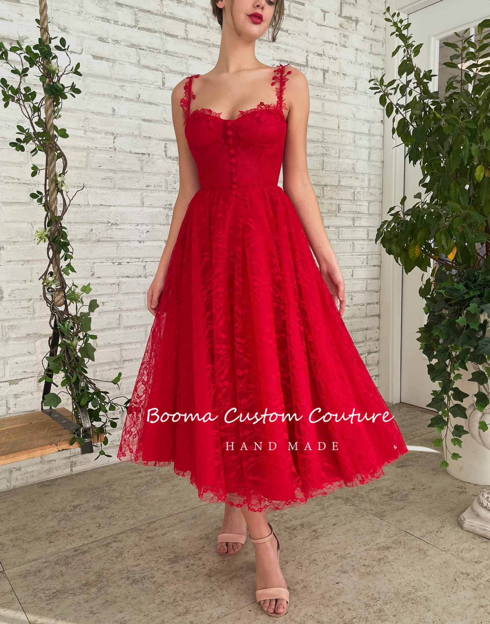 Booma Red Lace Midi Prom Dresses 2022 Spaghetti Straps Sweetheart Buttoned Tea-Length Wedding Party Dresses A-Line Formal Gowns