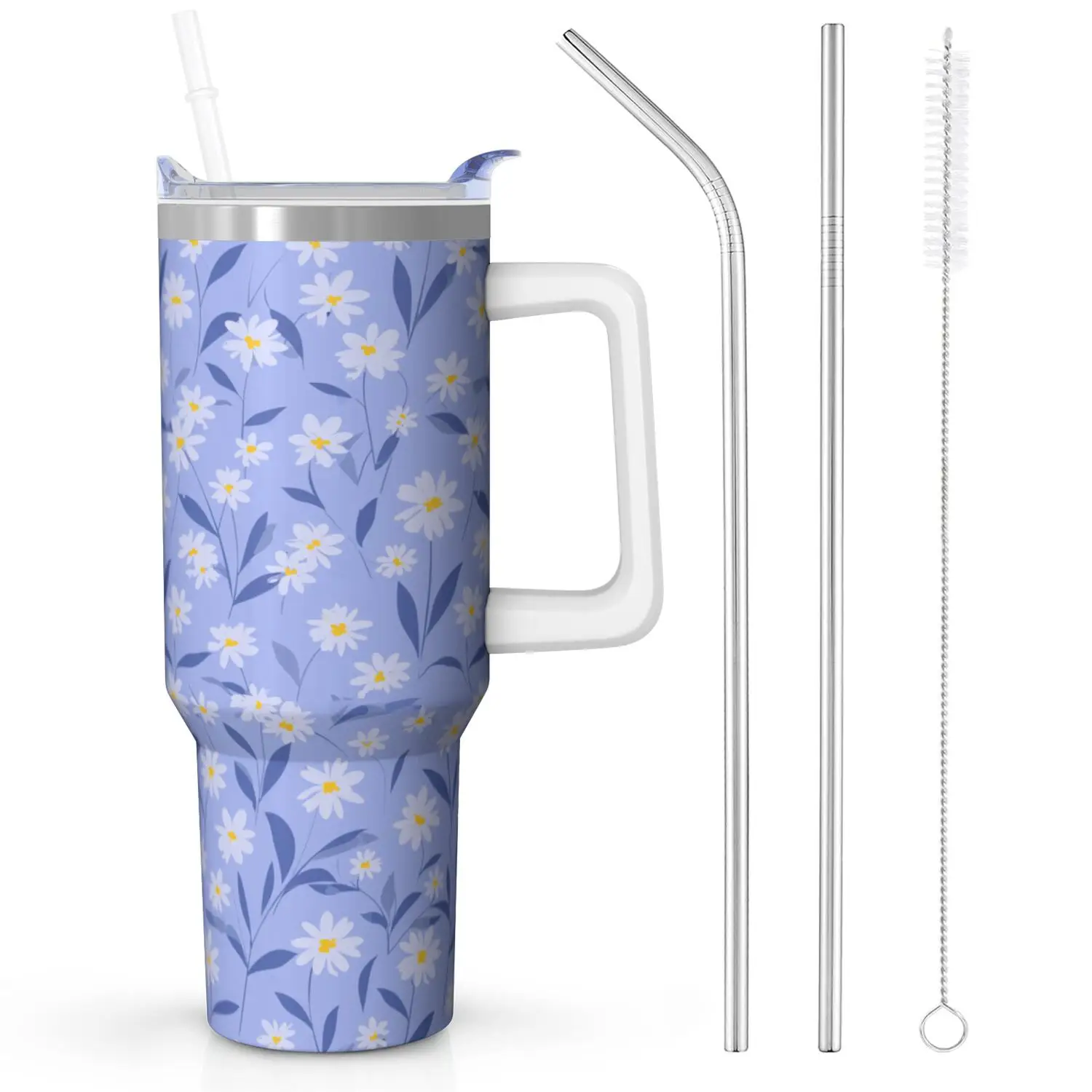 Small Daisy Handle Cup Set with Straw, Maximum Capacity 40oz, Inner Layer 304 Stainless Steel, Outer Layer 201 Stainless Steel, Seamless Inner Liner, Lid Made of PC Material, Suitable for Home, Office, Outdoor, Sports, and Car Use