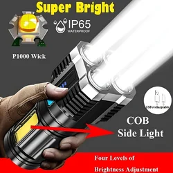 1pc Powerful Portable 4 LED Flashlight With COB Side Light  4 Modes USB Rechargeable LED Torch Camping Tool for Outdoor Camping