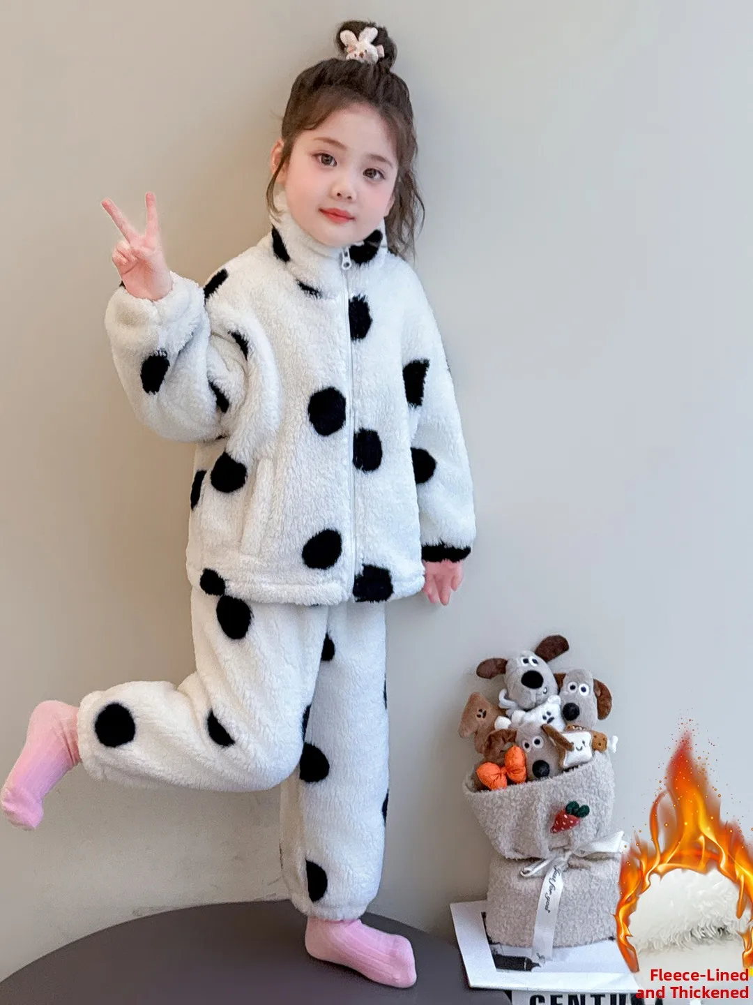 

Thiened Fce Winter Pajamas Set for Little Girls Children's Home Clothes round Dot Pattern Trendy Long Sve Long Pants