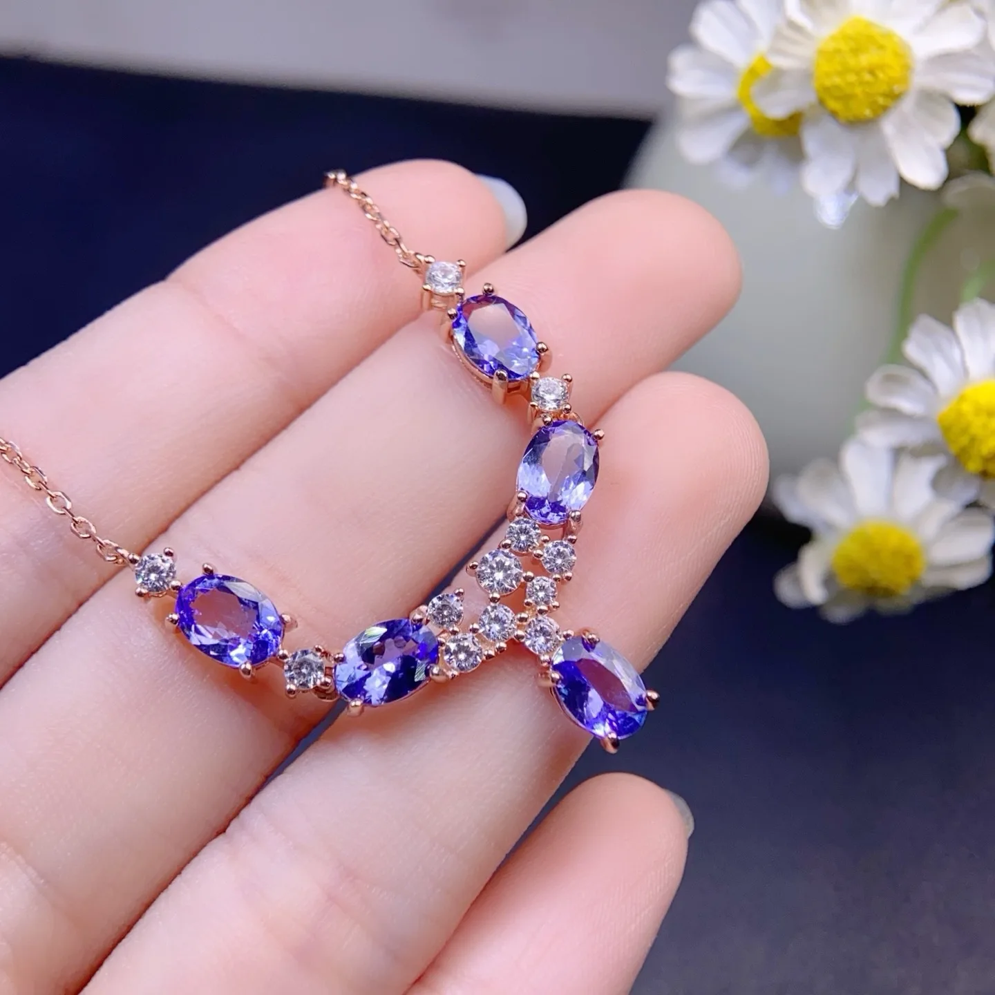 

S925 Silver Tanzanite Necklace, 5x7mm Vivid Violet Gem with Brilliant Fire, Eye-Clean Luxury for Special Events