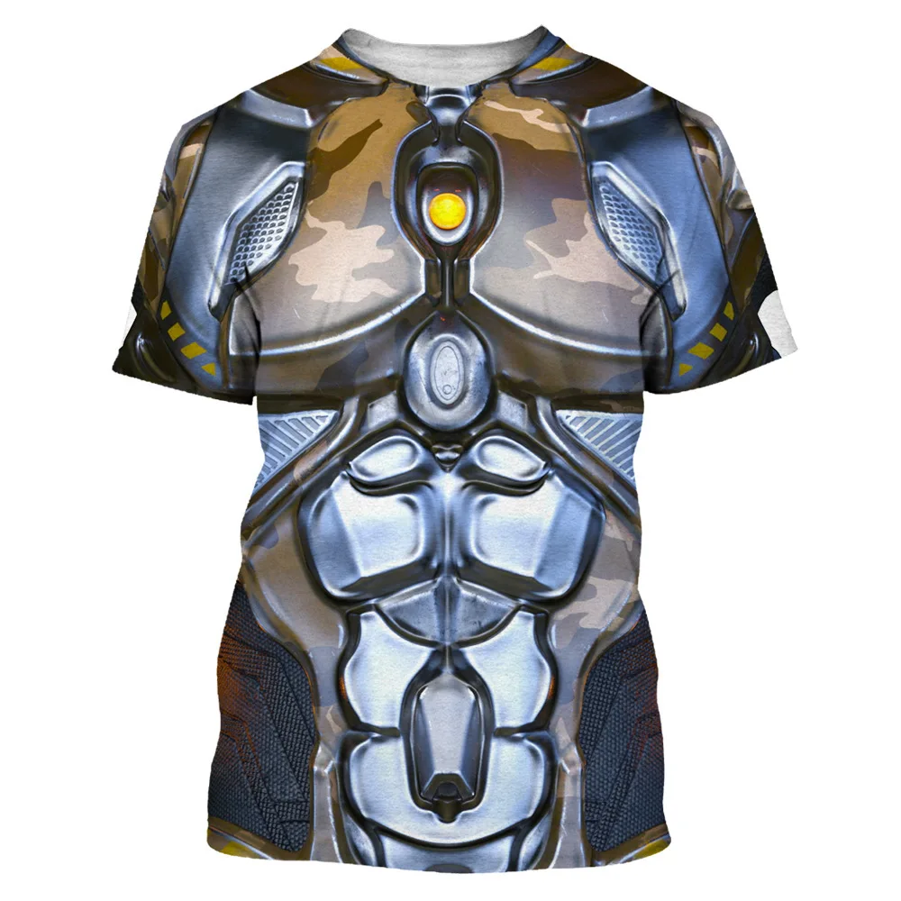 

2026 New European and American Style Men's 3D Armor Fashion Short Sleeve Metal Round Neck Short Sleeve