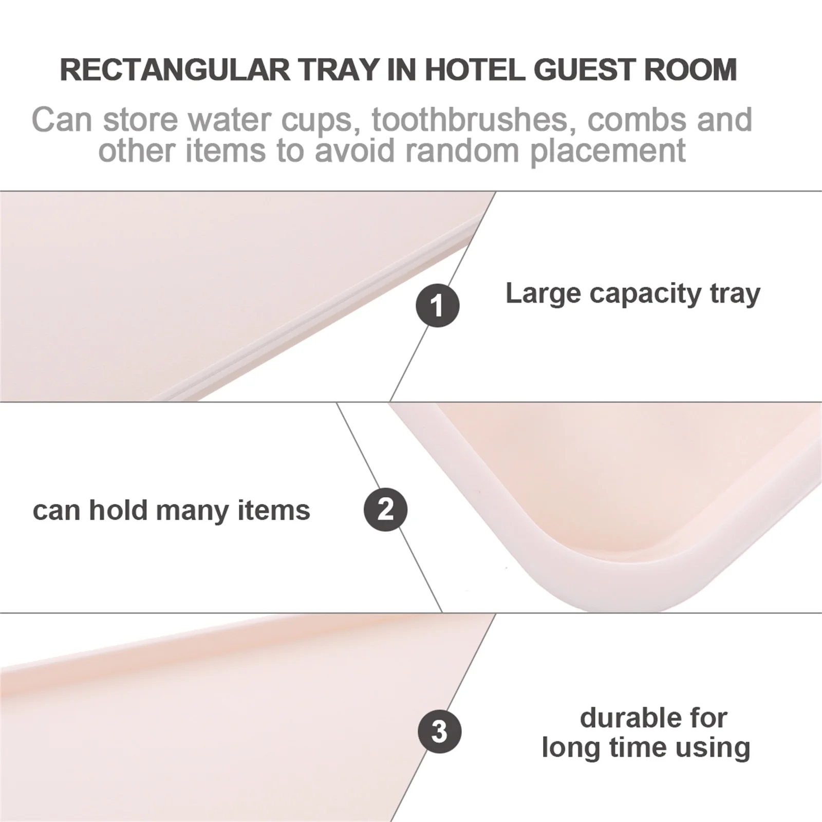 Plateau de rangement en plastique Anti-chute de grande capacité, plateau de service rectangulaire antidérapant pour organisateur de salle de bain de chambre d'hôtel 1 pièce