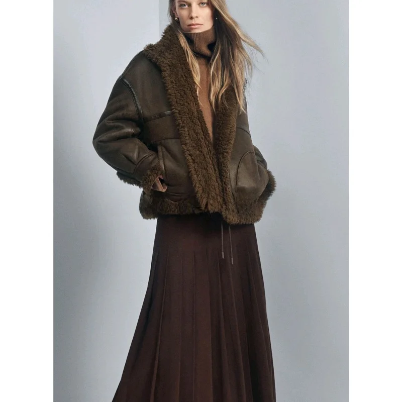 Zimowa Nowa Damska Długa Kurtka z Wysokim Kołnierzem Dwustronna Kurtka Pilotka Odzież Wierzchnia Włókno Poliestrowe 100% Zapinana na Guziki