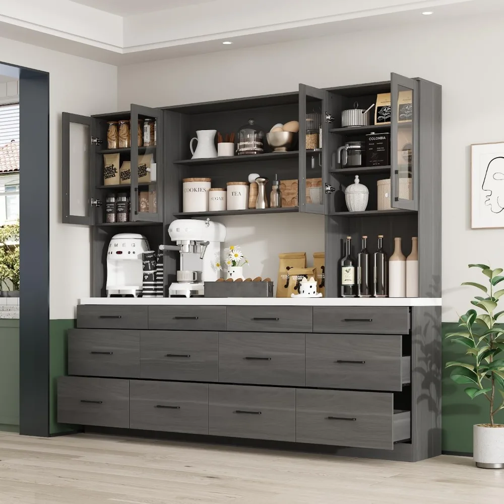 Garde-manger de cuisine avec dessus de seau, 12 portes de proximité et 4 portes en verre, armoire de rangement en bois Chi Board avec 6 étagères cachées et 4 étagères ouvertes