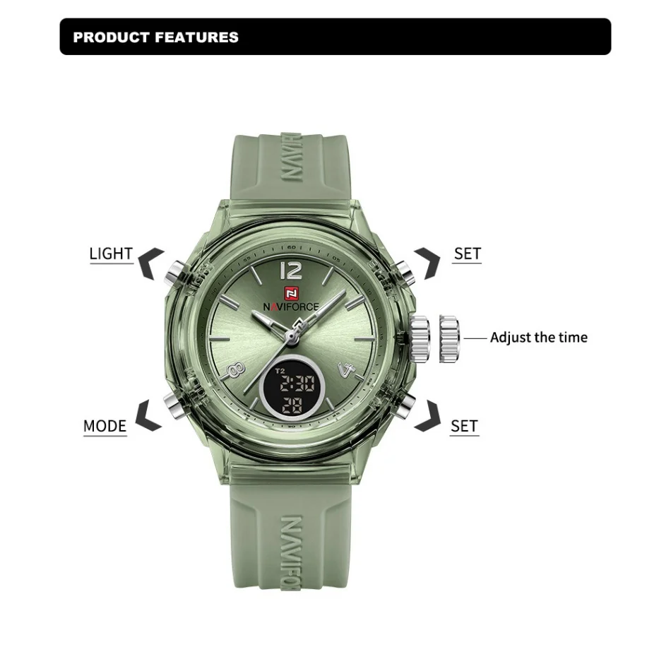 NAVIFORCE موضة الساعات الرياضية للمرأة عرض مزدوج سيدة ريترو أنثى ساعة كوارتز 50 متر مقاوم للماء الطلب الدائري صديقة هدية