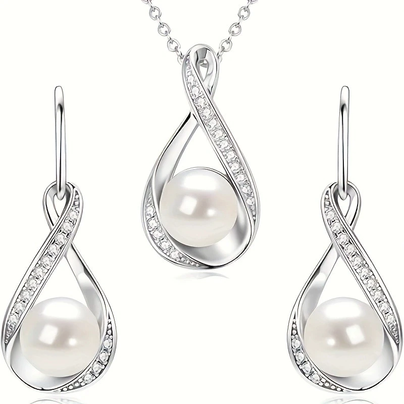 

925 Sterling Silver Moissanite Natural Freshwater Pearl Pendant Necklace & Earrings Sets Infinity Wedding Jewelry Set for Women