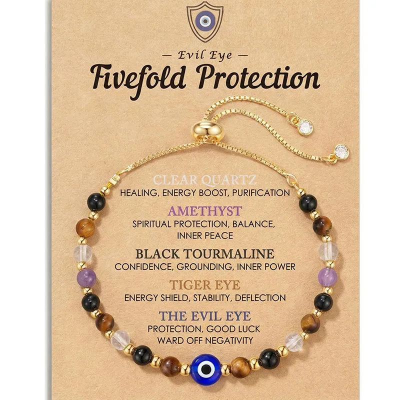 Evil Eye Protection Bracelet Blue Eye Amethyst Energy Stone Beaded Sliding Clasp for Women Gift