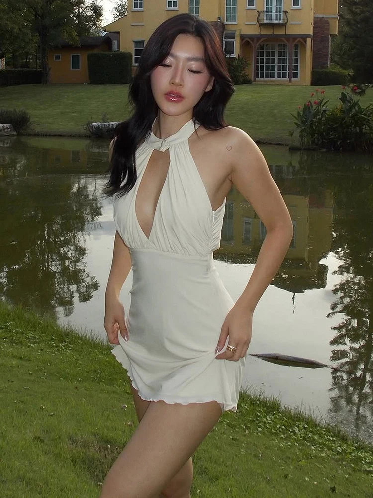 Nibber botão vestido feminino o pescoço oco sem costas sem mangas dobras zíper magro moda sexy festa de formatura elegante mini bodycon