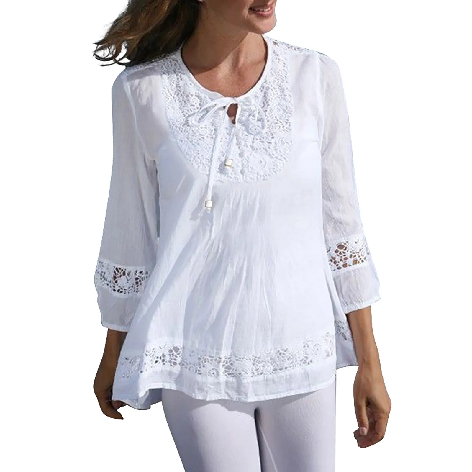 

Spring And Summer Plus Size Fashion Vintage 3/4 Sleeve O-neck Pleated Lace BlouseS For Girls Casual Youth Women's Shirts