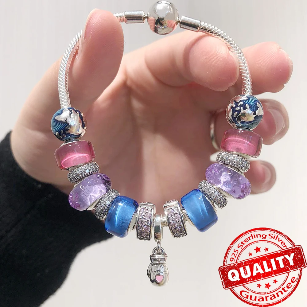 New 925 Sterling Silver Colorful Heart Murano Glass Charm Fit Original Bracelet Necklace Faceted Murano Glass DIY Fine Jewelry