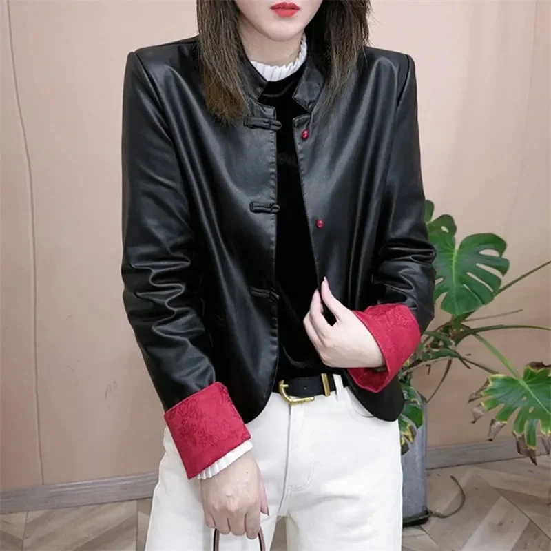 Spring Autumn Jacket Female 2024 New Chinese Brown PU Leather Coat Women's Fashion Leisure Outwear National Style Overcoat Tops