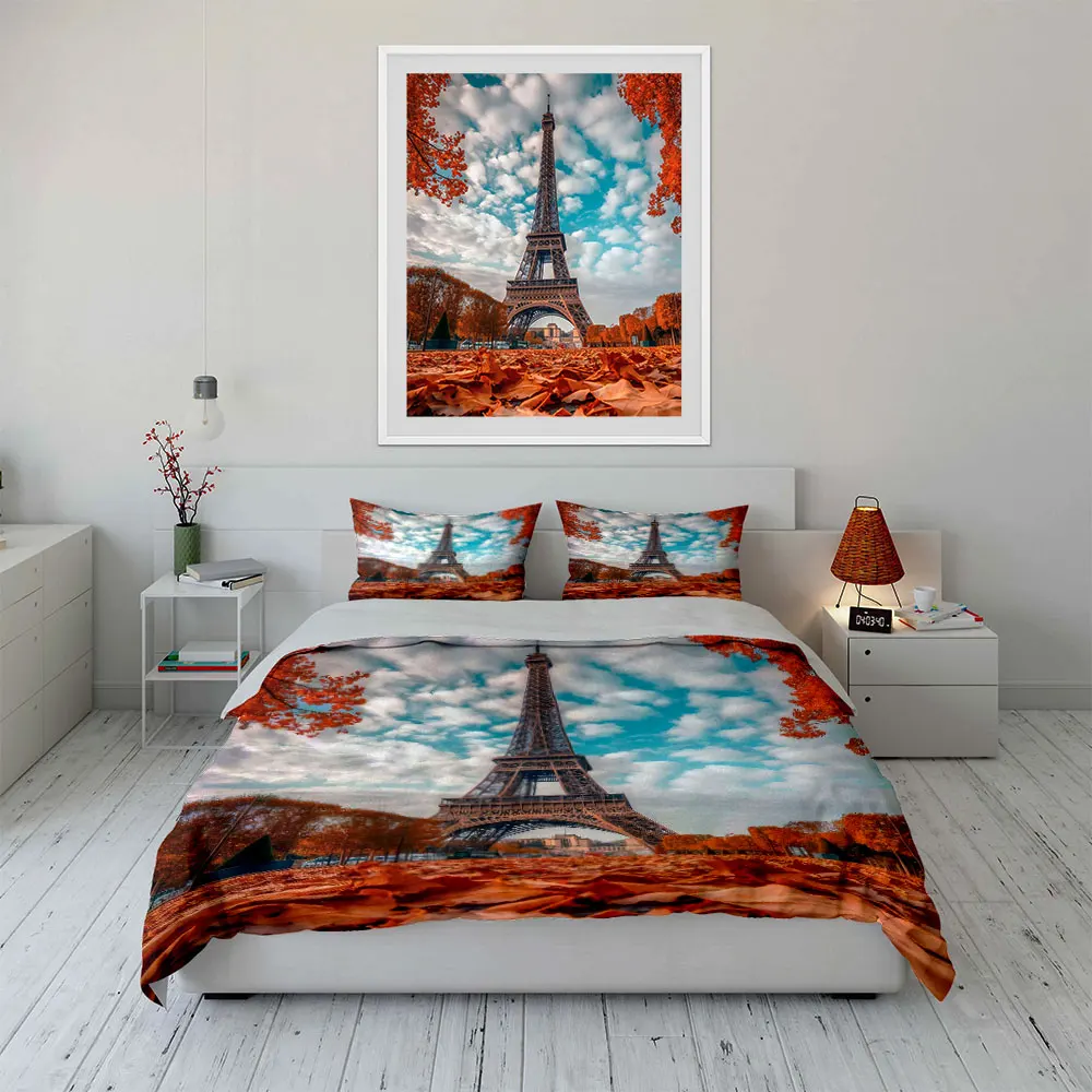 

"Paris Tower Autumn Scene Set" Bedding Set with 1 Duvet Cover 2 Pillowcases Single Double King Queen, Gift