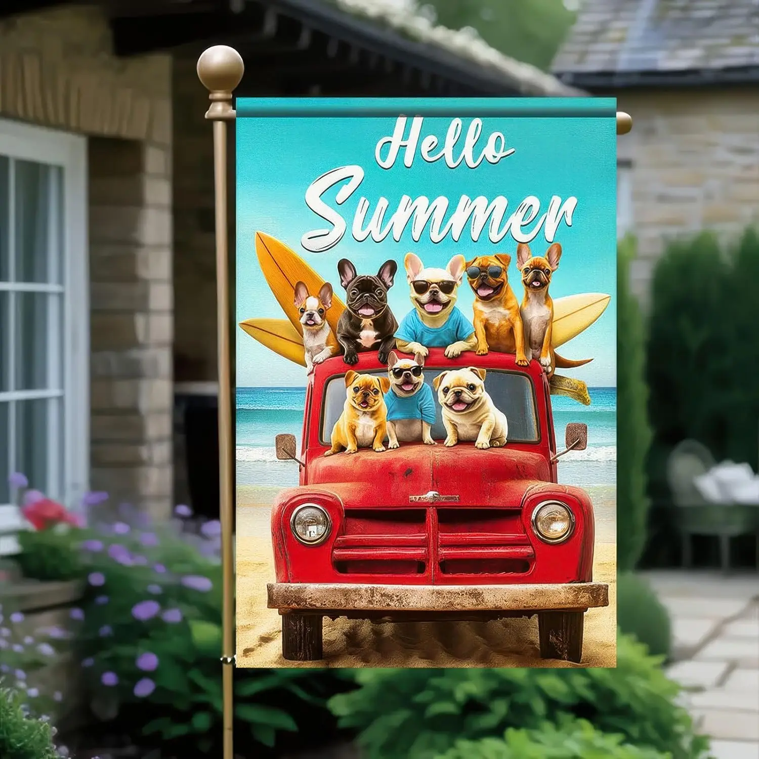 BlissYard Hello Summer Dog Garden Flag Red Truck Double Sided 12 x 18 Coastal Decorative Garden Flag French Bulldog Dogs Bea SSL