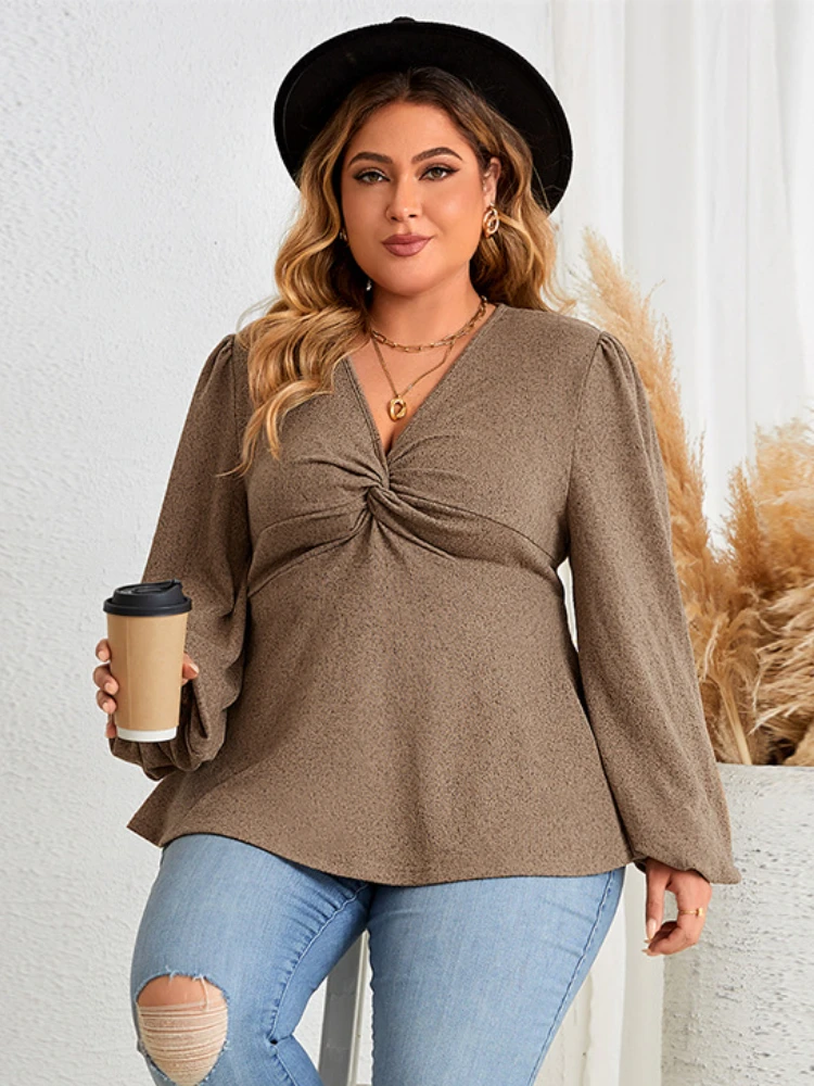 

V Neck Tops for Women Khaki Long Lantern Sleeves Folds A Line Winter Female Simple Casual Chic Sexy Trendy Plus Size T-Shirts