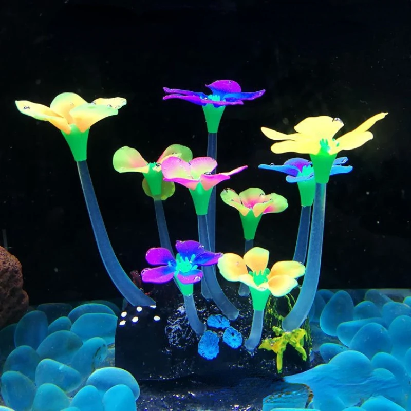 Aquarium Fluorescent Mushroom Lotus Fish Tank Simulation Decoration Water Plant Artificial Luminous Decor Bottom Suction Cup