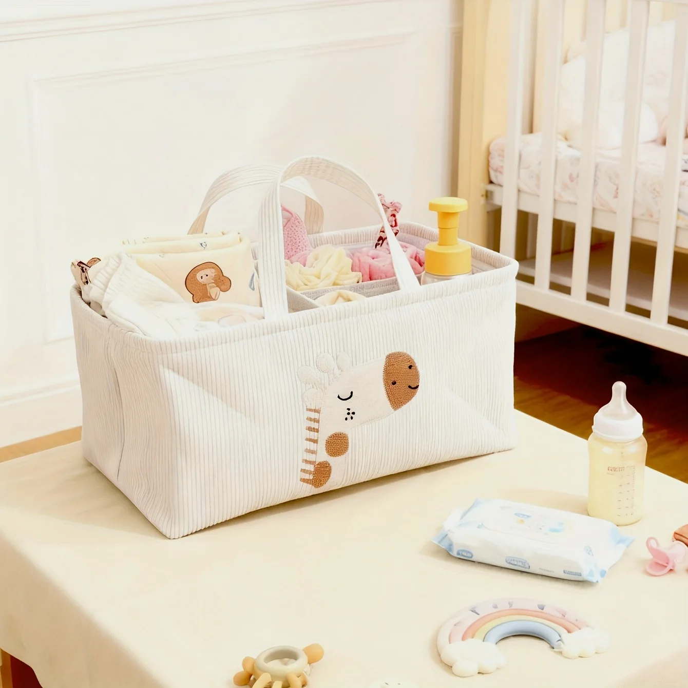 Cute Lion Diaper Caddy Foldable Fabric Storage Basket with Handles Nursery Toys Organizer for Baby Essentials Diaper Bags Kids