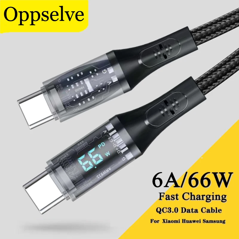 Double Head Type C Cable PD 66W Fast Charging Wires For Huawei Xiaomi Samsung iPad Switch Transparent Digital Display Data Cord