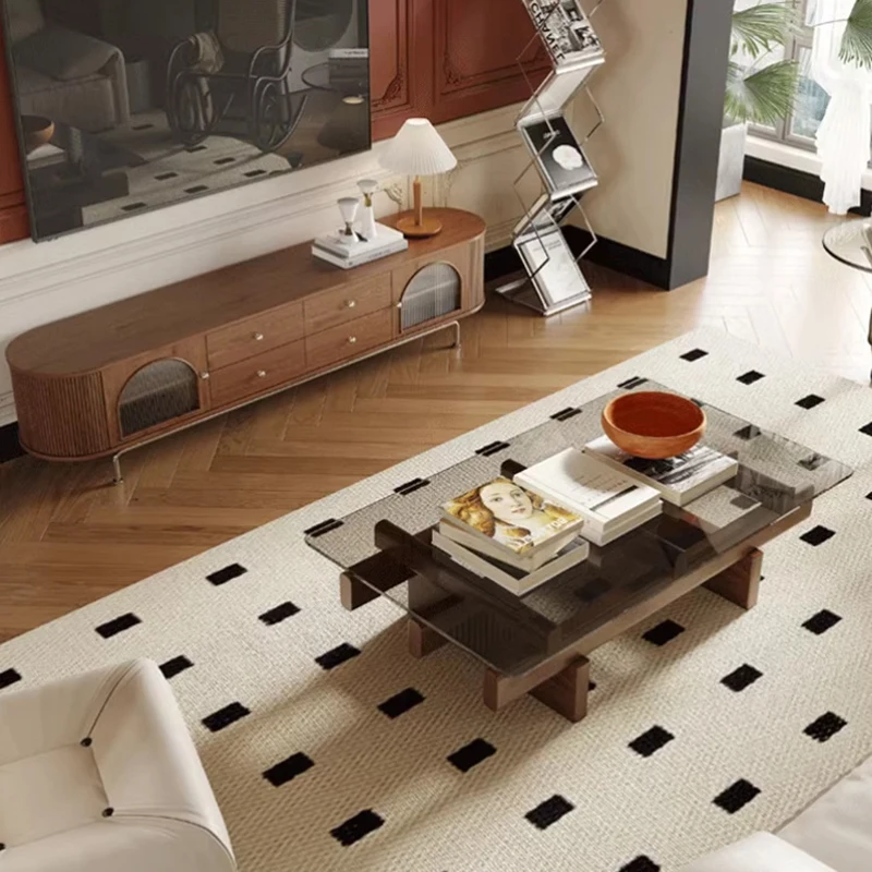 

Japanese Solid Wood Living Room Coffee Tables French Minimalist Tempered Glass High-End Coffee Tables Design Home Furniture FYCT