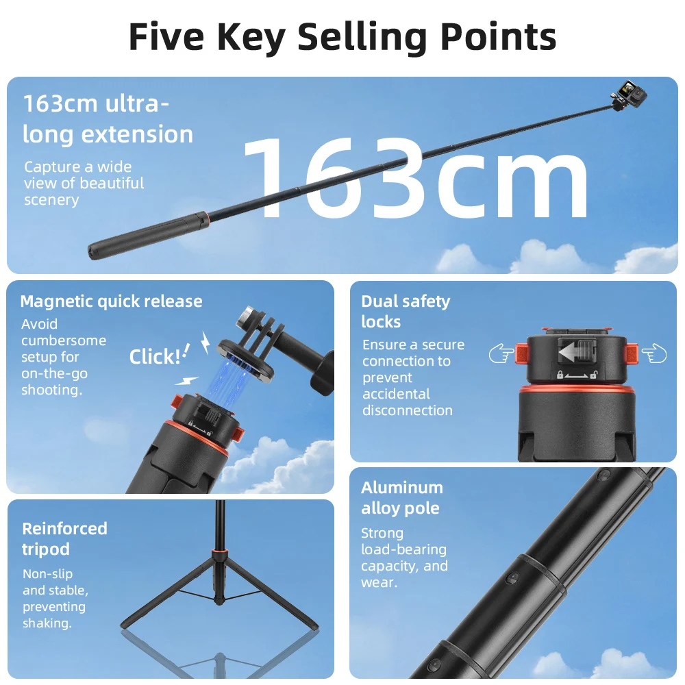 Flymile tragbares Stativ für DJI Action 5 Pro/Insta360 X4/Ace Pro 2/Gopro 13/Pocket 3 Kamera 31,5–163 cm Selfie-Sticks-Zubehör