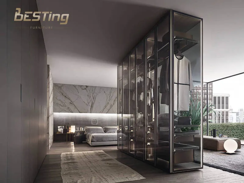 luxury bedroom design mirrored glass transparency door cover freestanding walk-in led wardrobe closet