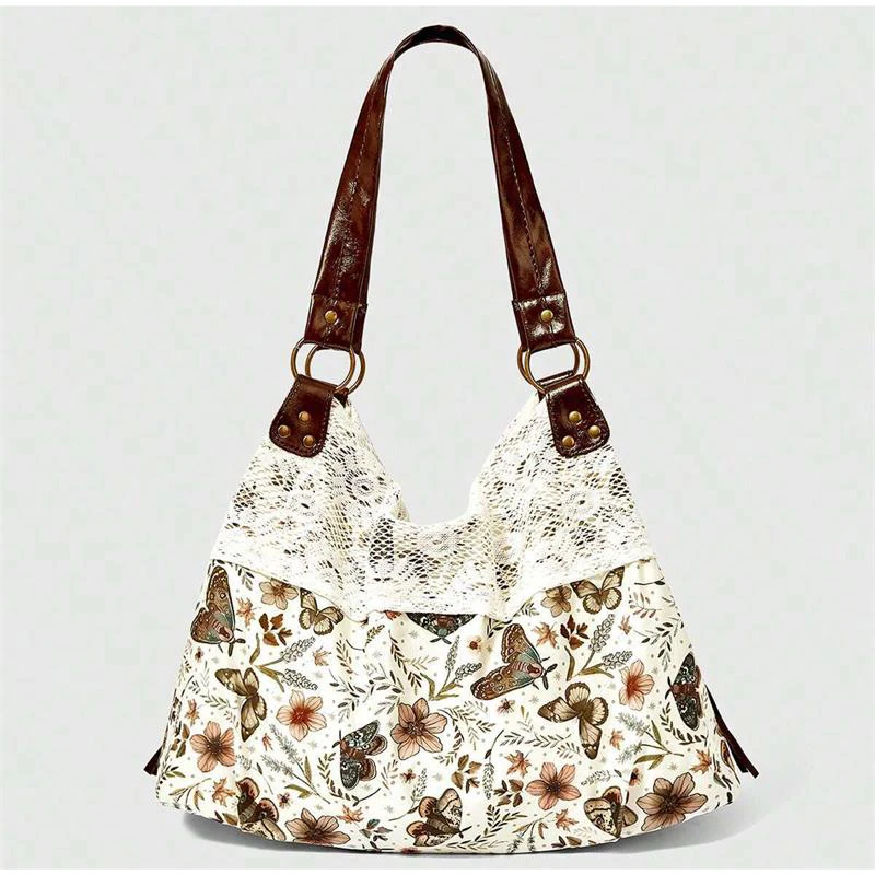 Mori Girl Ditsy-Blumenmuster-Schultertasche mit Spitzenbesatz und Patchwork-Design, Damen-Handtasche im Colorblock-Stil, leichte Vintage-Bohemian-Chic-Tasche – Detail 2