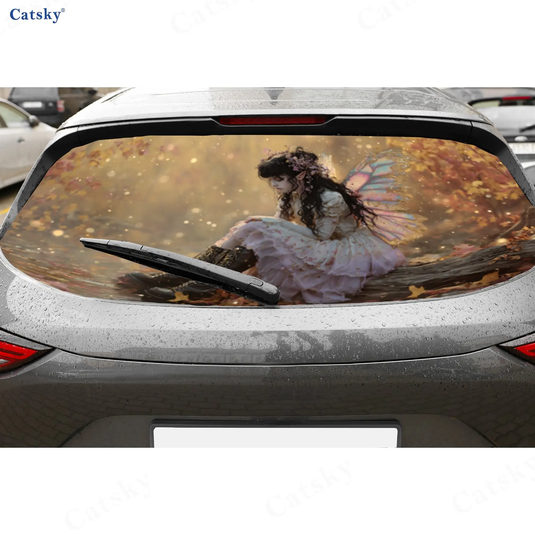 Fairy Sitting on Branch PVC Perforated Car Vinyl Wraps, Durable Car Rear Windshield Sticker, Waterproof Car Rear Window Decal