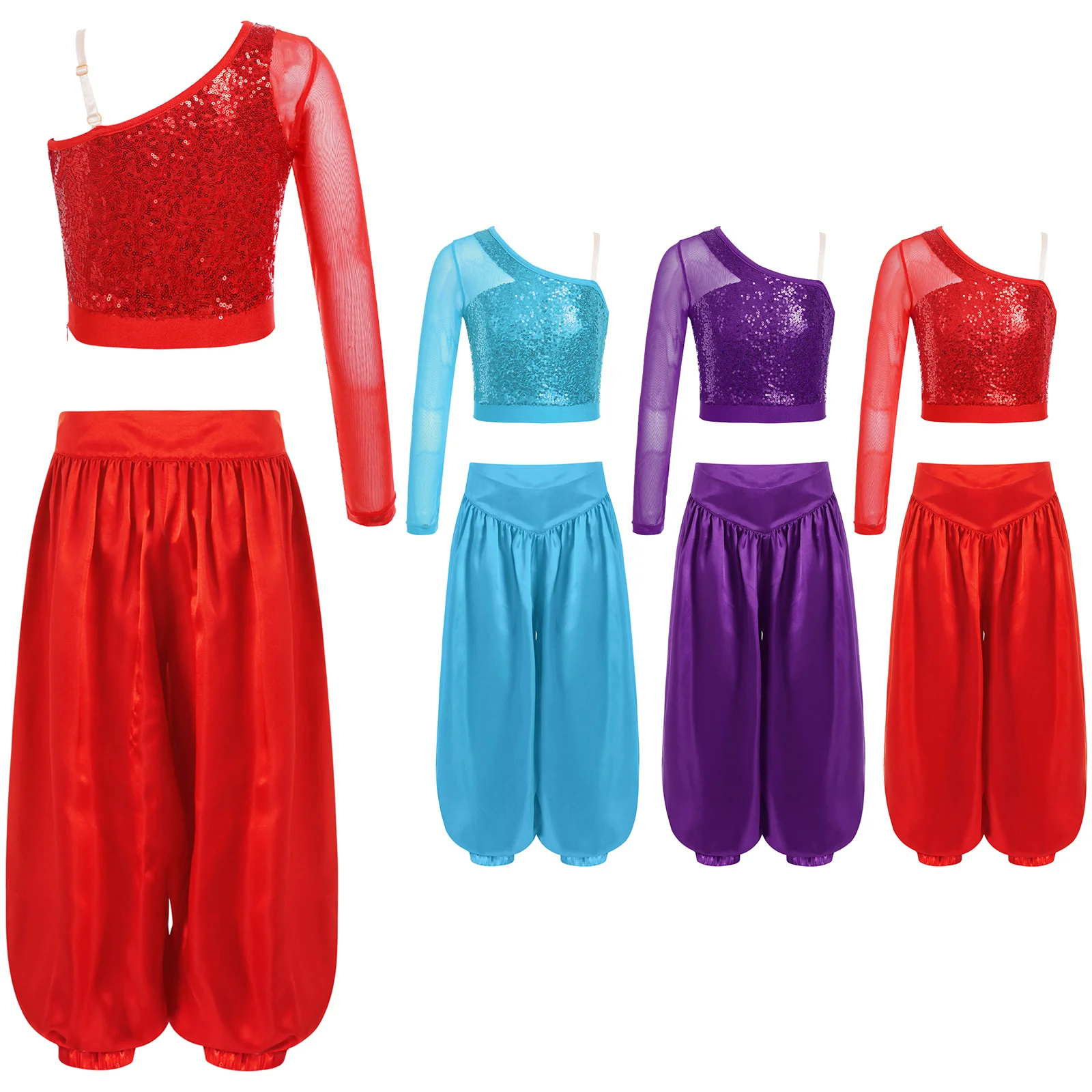 Kids Girls Belly Dance Performance Costume Crop Top with Harem Pants Wide-Leg Satin Bloomers for Arabic Halloween Carnival Party