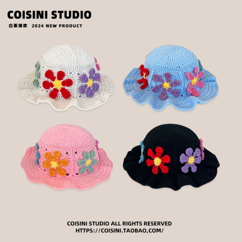 Korean Niche Colorful Flowers Hollow Knitted Caps for Women Show Face Small Spring and Autumn Travel Photo Versatile Bucket Hat