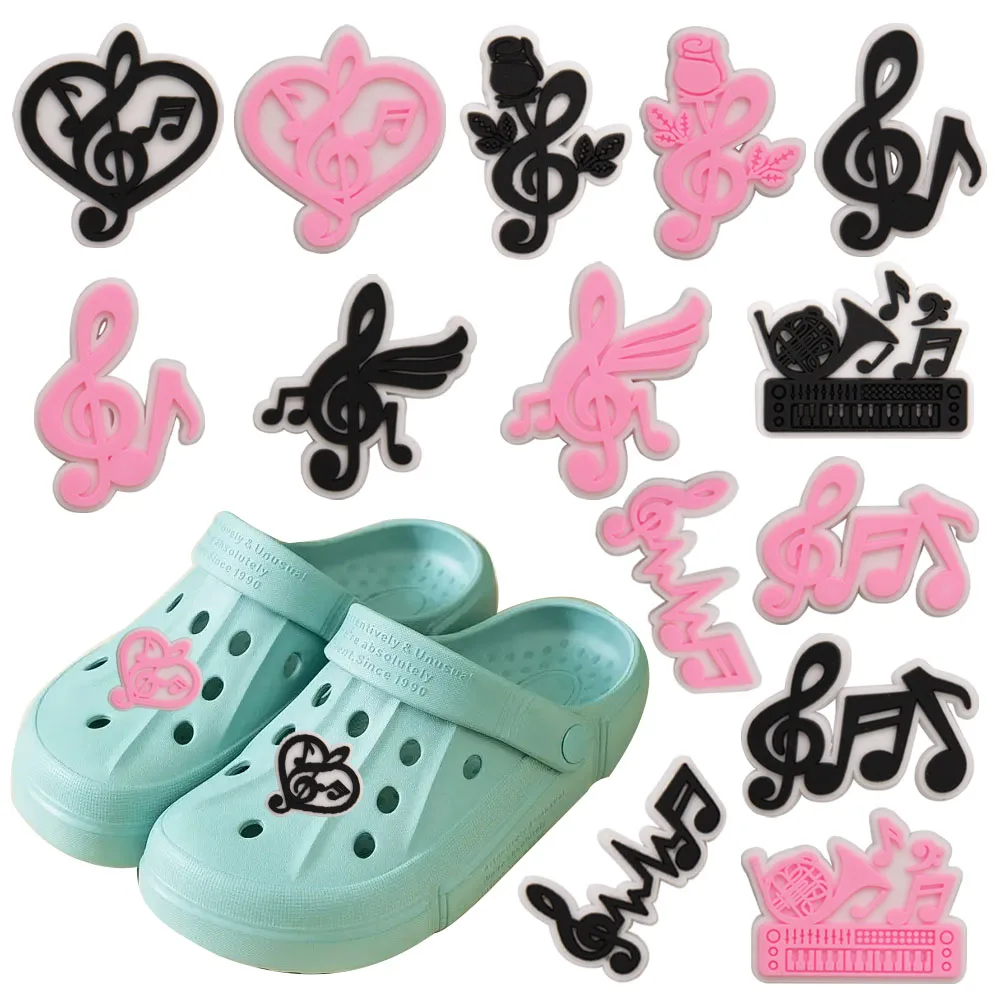 Mix 50pcs PVC Pink Music Note Flower Horn Shoe Charms Buckle Clog Slipper Decoration Fit DIY Backpack Accessories Kid Party Gift