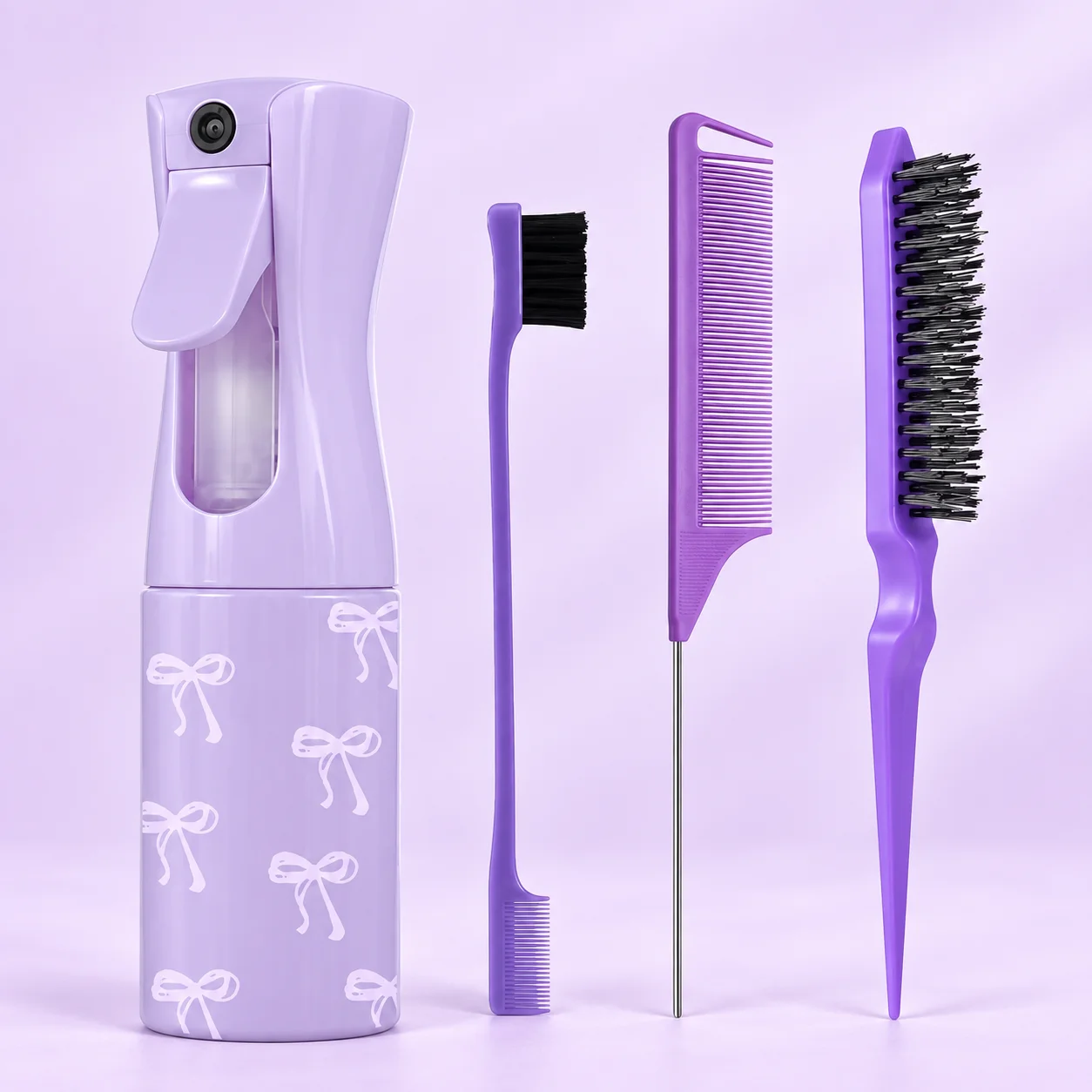 4Pcs Hair Styling Set Portable Hair Tools Continuous Mist Spray Bottle Edge Brush Rat Tail Comb Teasing Brush Salon Travel