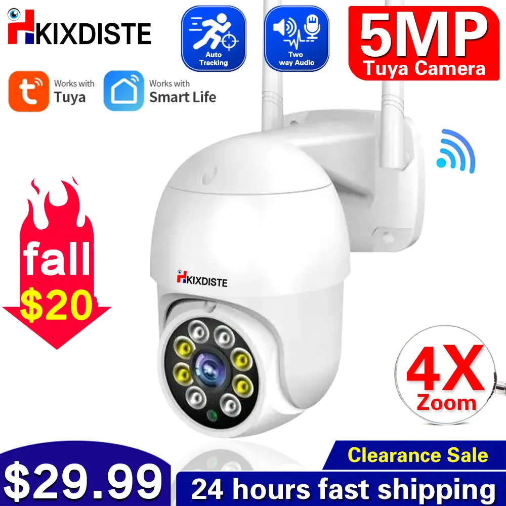 

5MP 4X PTZ Zoom Security Tuya WiFi Outdoor Full Color Night Vision Auto Tracking Wireless Surveillance Camera With Baby Monitor