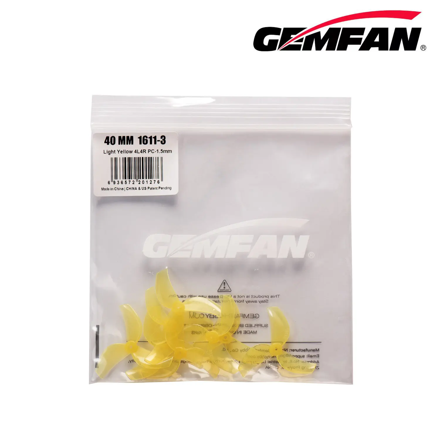 Gemfan 1611-3: 40mm, 1.1in Pitch, 0.34g Ultra-Light, 1/1.5mm Bore, PC, 4CW 4CCW Pack, for 0802-1102 Motors & 40-80g Quad