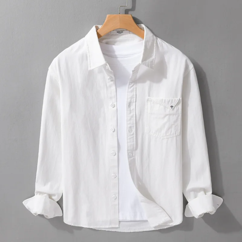 

Japanese Style Long Sleeve Cross Embroidery Cotton Shirt Men's Casual Design Spring Autumn Pure Cotton Casual Shirt