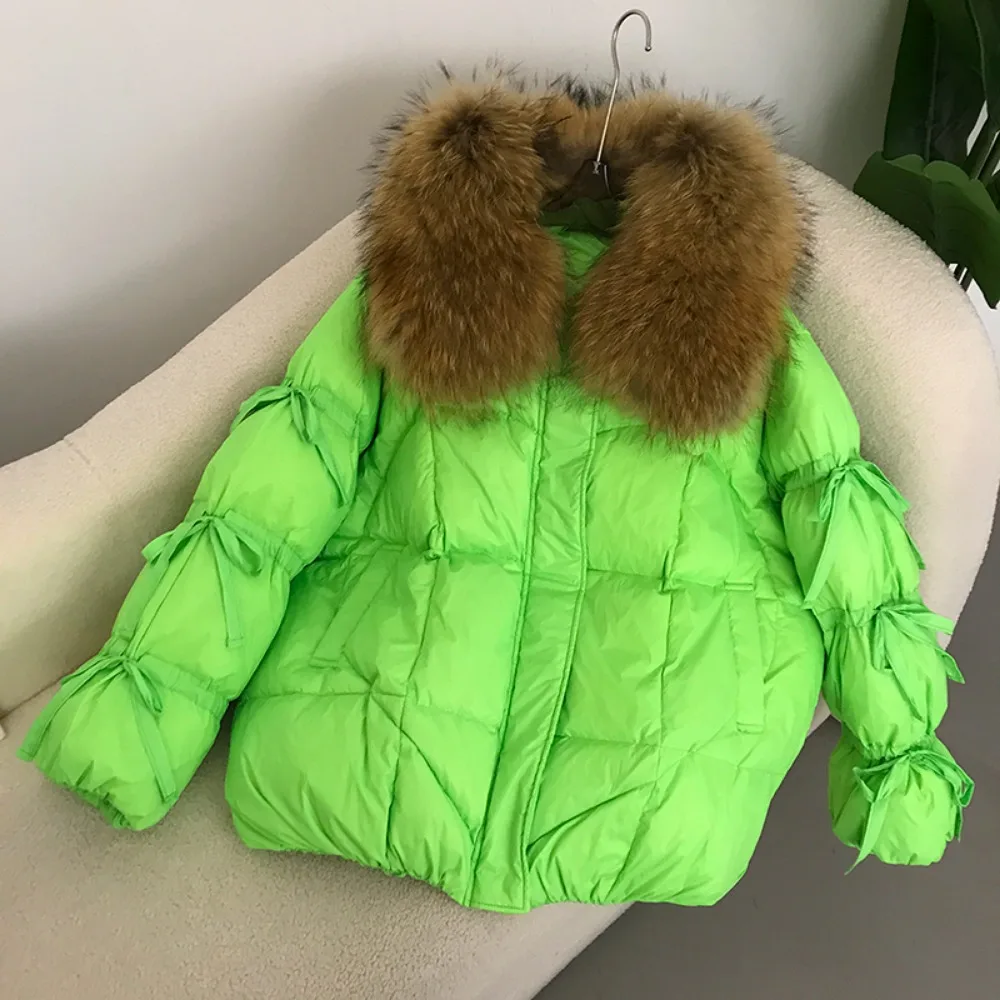 Down Jacket Women Natural Fur Coat Large Real Raccoon Fur Collar 2024 Winter Down Coat Bow Tie Sleeve Fashion Luxury Puffer Coat