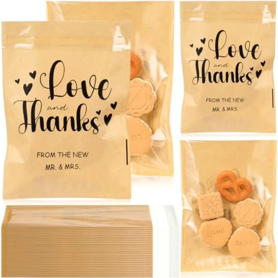 00 Pcs Clear Wedding Cookie Bags Front Paper Self-adhesive Gift Bags Thank You Kraft Paper Treat Candy Container for Wedding Pa
