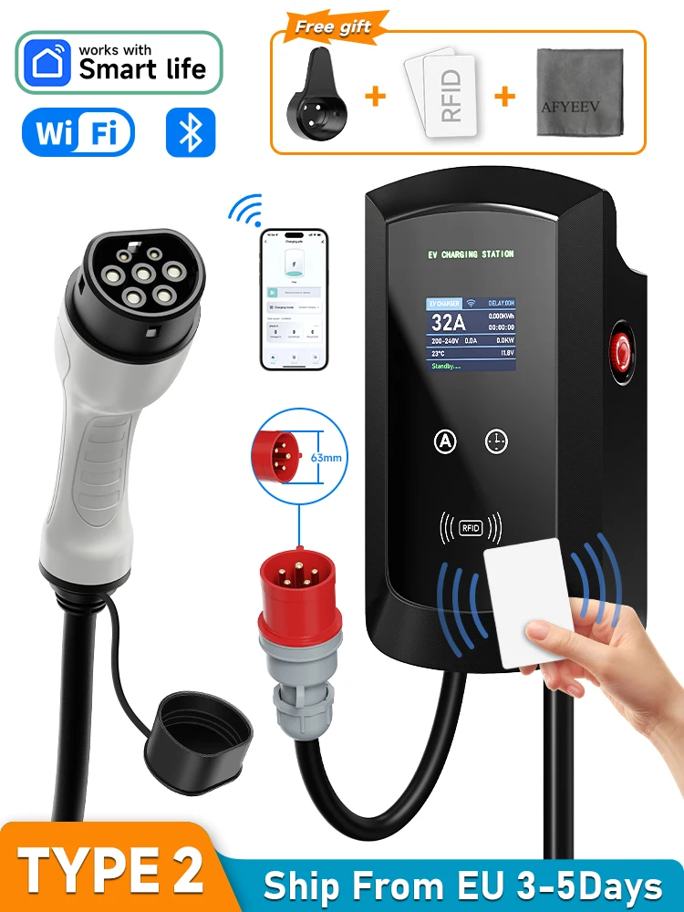 AFEEV 7,6 kW/11 kW/22 kW EV-Ladestation CEE-Stecker Typ2 IEC62196-2 32 A 3-Phasen-Wandladegerät WiFi Bluetooth APP-Steuerung