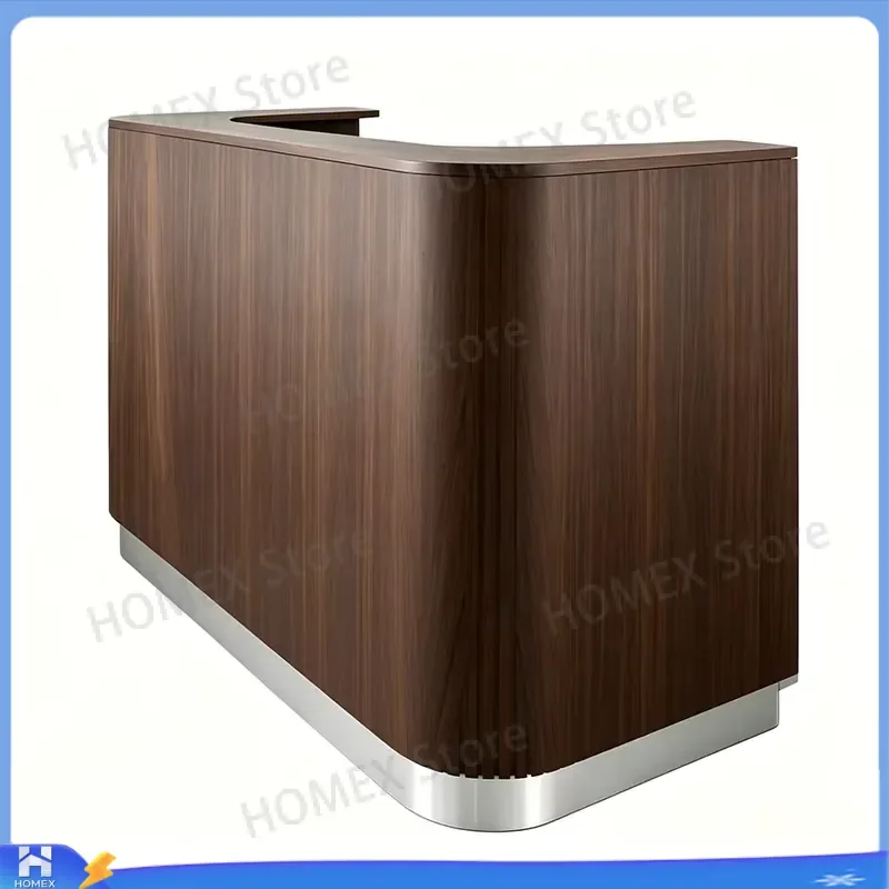 Modern Stainless Steel Reception Desk with Wooden Countertop Durable Front Office Counter for Salon Shop Hotel Hospital
