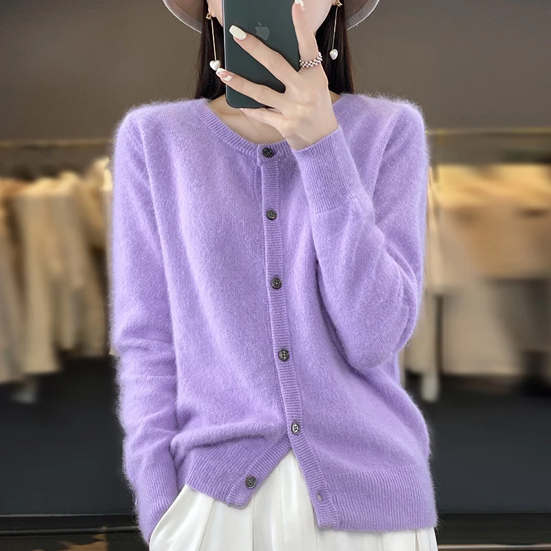 Women's 100% Mink Velvet Round Neck Cardigan Versatile Jacket High-end Cashmere Knitted Sweater Korean Version Fashionable Top