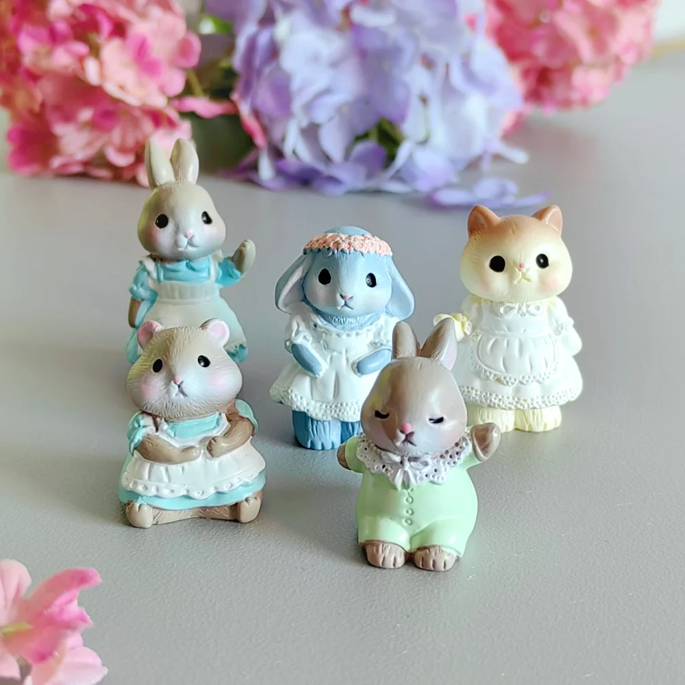 5pc Cute Maid Rabbit Cat Mouse Animal Easter Decoration Resin Craft Miniature Figure Tiny for Bonsai Fairy Garden Home Decor