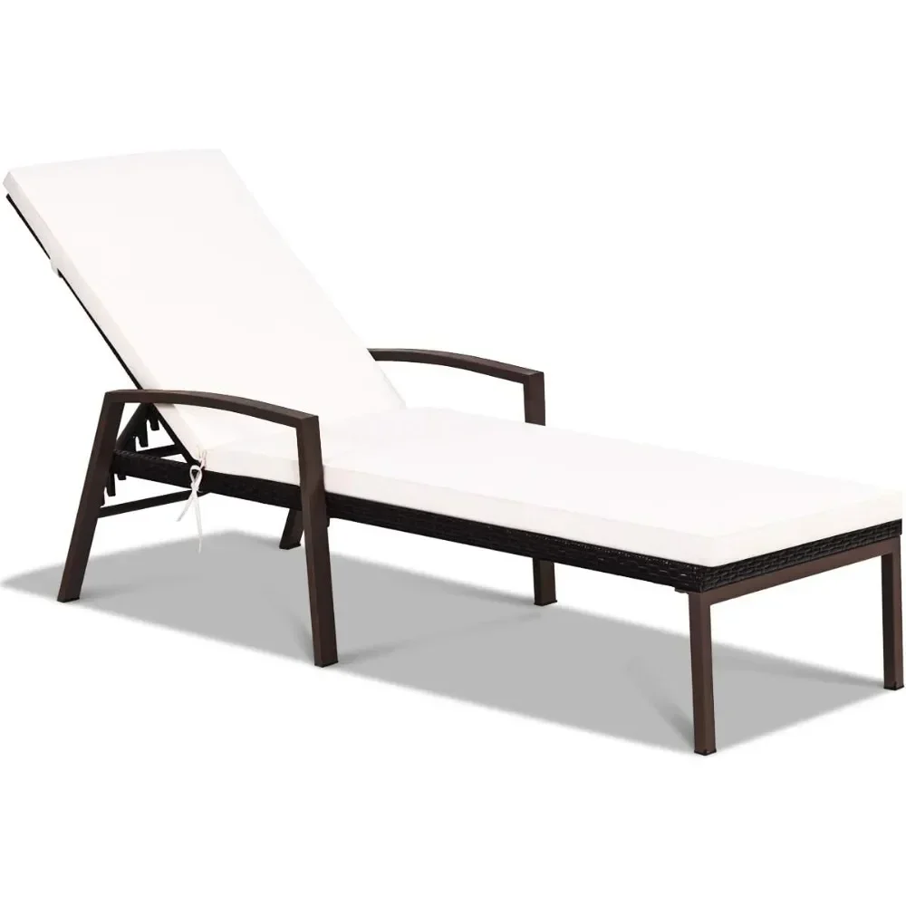 

Patio Rattan Lounge Chair, Outdoor Reclining Chaise Lounge with Cushion and Armrest, Wicker Sun Lounger with Adjustable