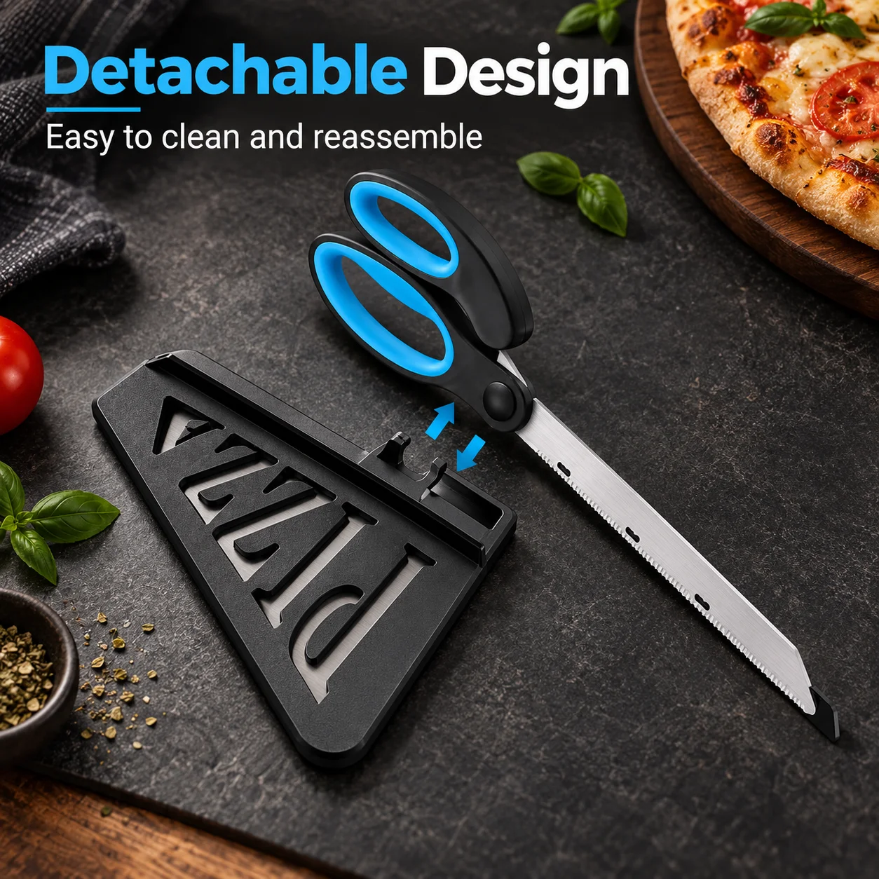 Kitchen Shears In Baking - 取り外し可能なピザカッター（ヘラ付き）、ステンレス製ピザカッター、焼き物や料理に使える2-in-1のキッチンツール。