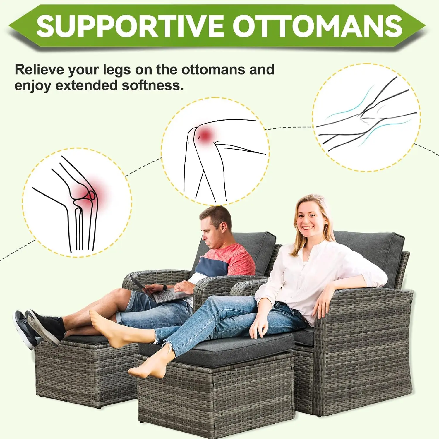 6pcs Patio Furniture Set Sectional Rattan Wicker Outdoor Conversations Sets w/Table & Ottomans for Garden,Poolside,Backyard-Grey