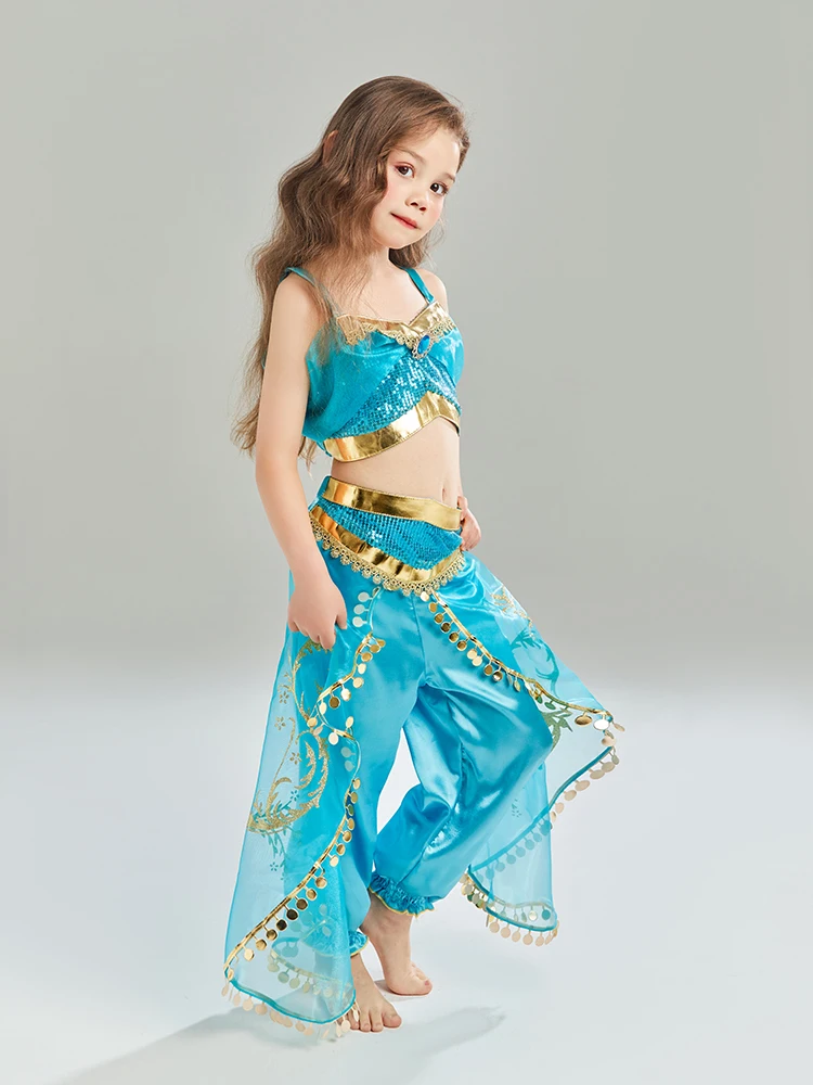 PRINCESS-VALLEY Jasmine Costume for Girls Arabian Sequined Princess Dress Up Princess Cosplay Costumes for Kids