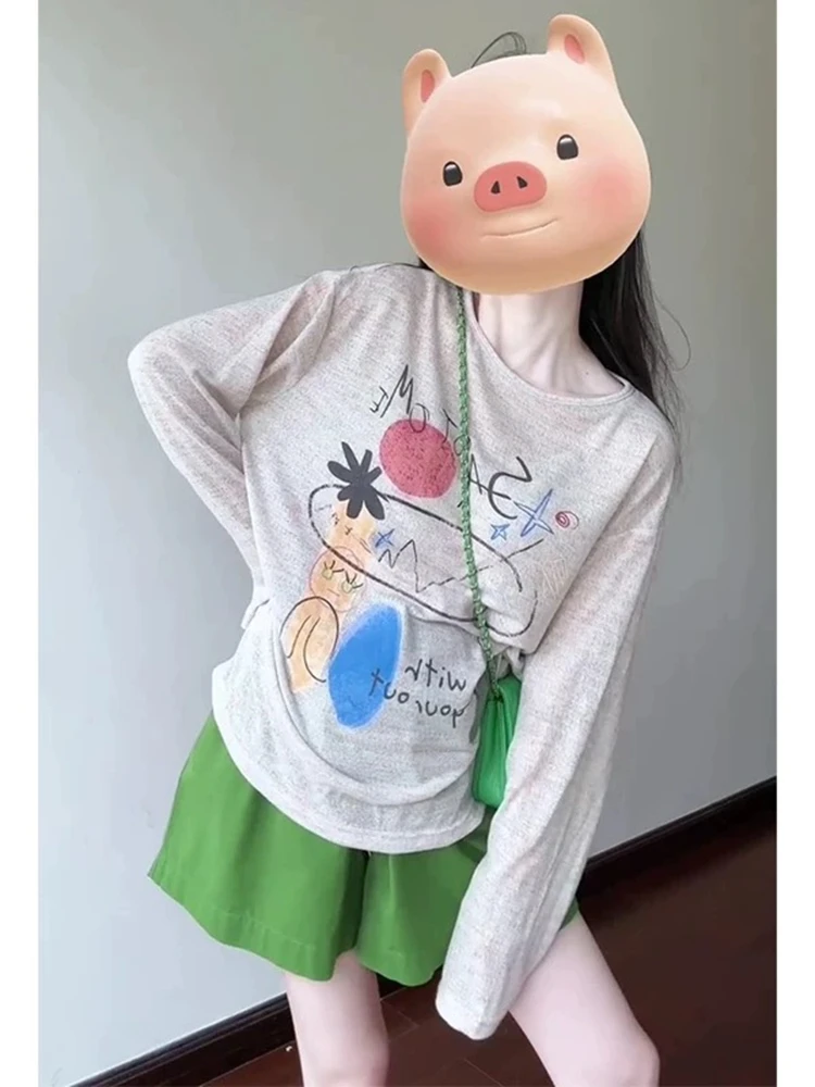 

Women's Summer Retro Colored Graffiti Print Long Sleeve T-shirt New Style Loose Round Neck Cartoon Print Thin Shirt