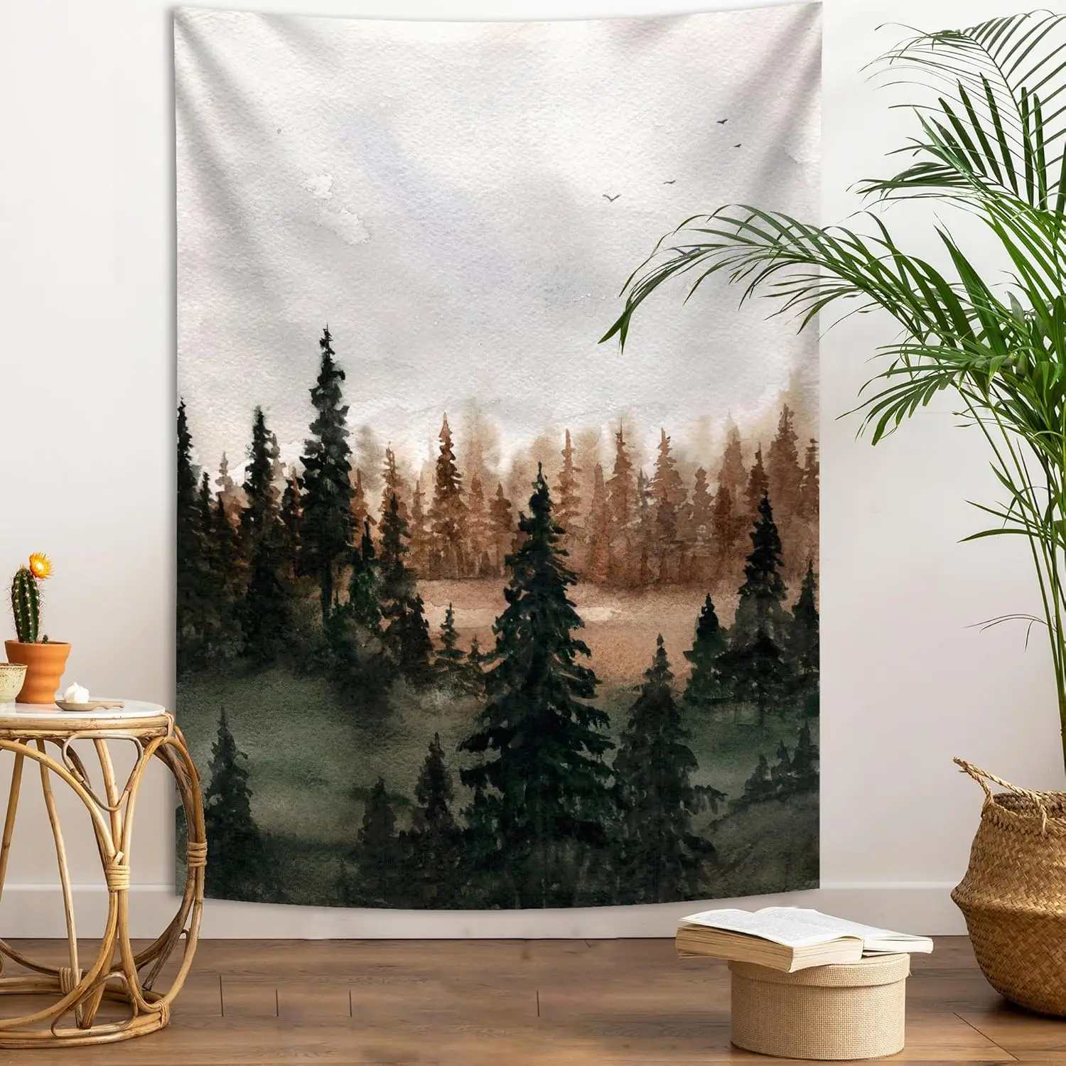 Flysea-tapiz de bosque de montaña de otoño, acuarela marrón, árbol de abeto, paisaje de otoño, colgante de pared, paisaje natural, estética pequeña y larga