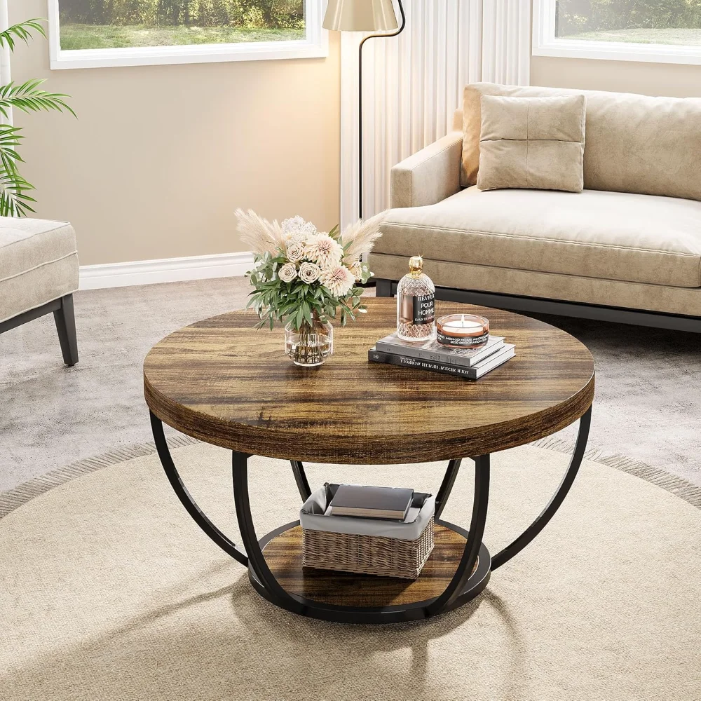 Round Coffee Table, 31.7" Wooden 2-Tier Circle Coffee Table, Modern Accent Cocktail Table Center Table for Living Room