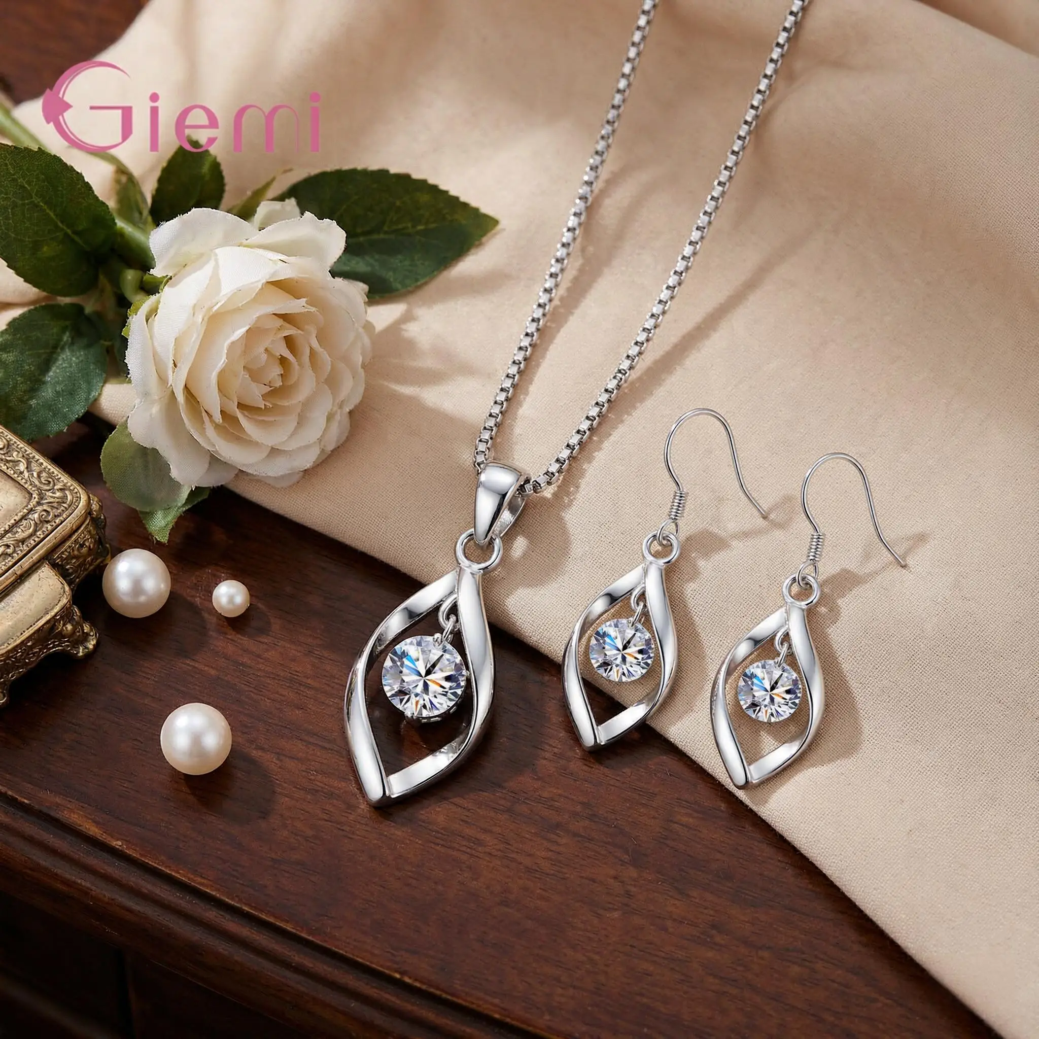 Personalized 925 Sterling Silver Rotating Crystal Zircon Necklace Earring Set For Women Girls Wedding Party Fashion Jewelry Gift