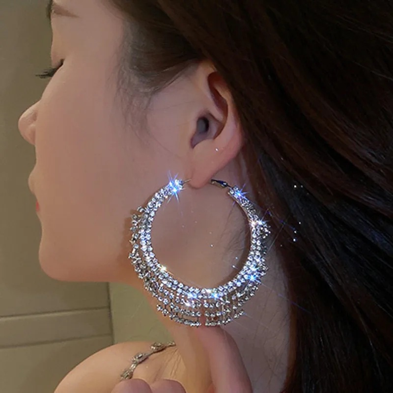 

FYUAN Fashion Geometric Crystal Hoop Earrings Tassel Rhinestones Earrings Party Women Jewelry Gifts