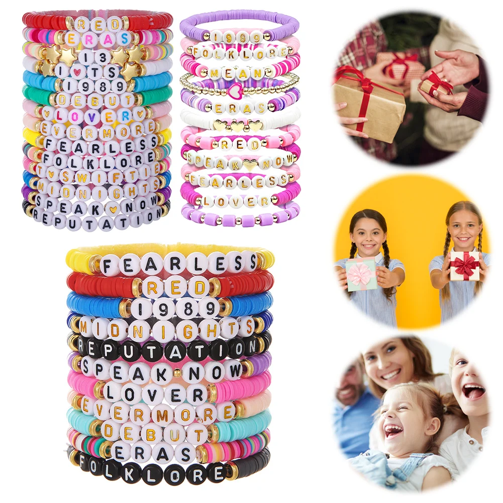 11/14 PCS Ladies Colorful Bracelets with Clay Bead Album Inspired Bracelet Adjustable Letter Beads Bracelet for Girls Women Gift